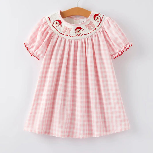 Pink Gingham Embroidered Santa/Bow Dress