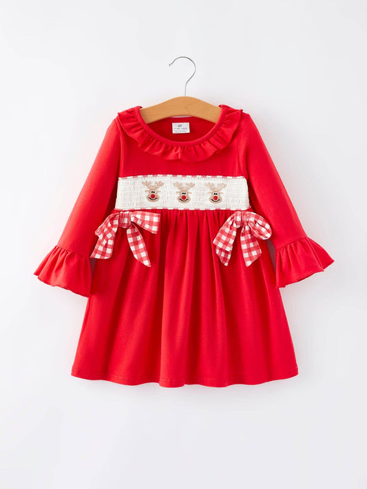 Christmas Smocked Reindeer Bow Dress