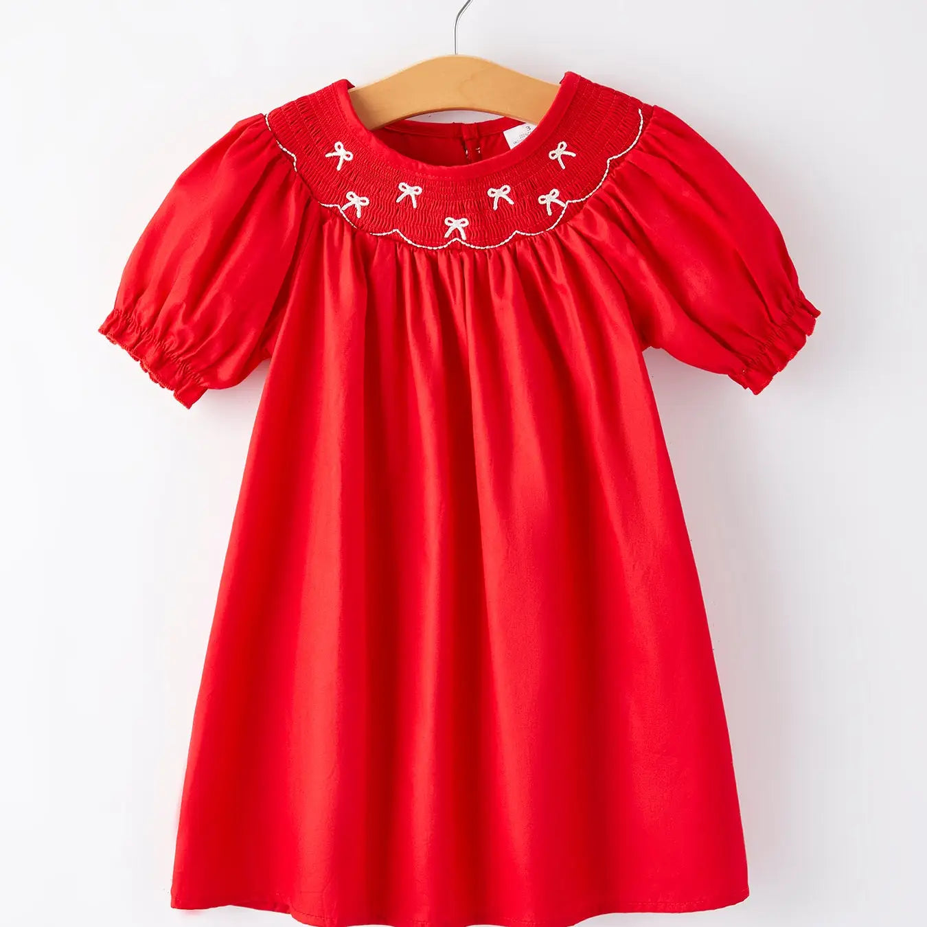 Red Smocked Embroidered Bow Dress